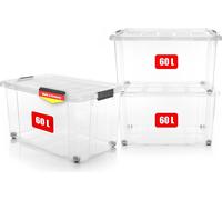 BigDean, lot de 3 bacs de rangement de 60 litres avec couvercle, grands, transparents - bacs robustes et empilables - bacs empilables à roulettes avec fermetures à clic solides