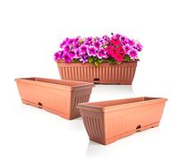BigDean Lot de 3 jardinières avec soucoupe amovible en terre cuite de 50 cm de long en plastique incassable avec réservoir d'eau pour l'intérieur et l'extérieur Fabriqué en Europe
