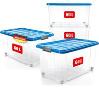BigDean, lot de 4 bacs de rangement de 60 L avec couvercle, grand format, bleu azur - bacs robustes et empilables - bacs empilables à roulettes avec fermetures à clic solides