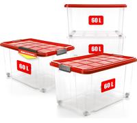 BigDean, lot de 4 boîtes de rangement de 60 litres avec couvercle, grande taille, de couleur rouge. Boîtes robustes et empilables, avec des fermetures à cliquet intégrées. Fabriquées en Allemagne
