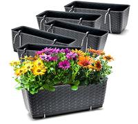 Lot de 6 jardinières BigDean pour balustrades de balcon - aspect rotin - jardinières de balcon avec support métallique - 39 x 15,5 x 14 cm - système d'arrosage inclus