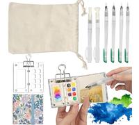 BigKing Mini Ensemble De Voyage Aquarelle Portable, Palette Acrylique Transparente Magnétique(8 Grilles), 6 cm x 6 cm Carnet De Croquis Aquarelle, 6 Pinceaux, 1 Clip, 1 Sac De Rangement