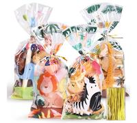 Bigqin 100 pièces Sachet Plastique Sac d'emballage de Bonbons d'anniversaire, 4 Modèles Animal Sachet Bonbons Sachets Transparents pour Biscuits Pochette avec Cravates Torsadées pour Les, 27 x 12,5 cm