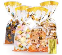 Bigqin 100 Pièces Sachet Plastique Sac D'emballage de Bonbons de Petite Abeille, 4 Modèles Sachet Bonbons Sachets Transparents pour Biscuits Pochette avec Cravates Torsadées pour Les, 27 x 12,5 cm