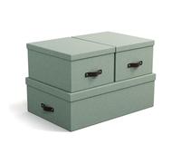 Bigso Box of Sweden INGE Lot de 3 boîtes de rangement pour chambre à coucher, enfants, bureau ou salle de bain - Boîte de rangement avec couvercle - Caisses de rangement aspect lin - Vert menthe