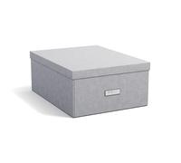 Bigso Box of Sweden KATRIN Grande boîte de rangement avec couvercle - Organisateur stable en panneau de fibres et papier aspect lin - Boîte pliante pratique avec cadre pour étiquette - Gris clair
