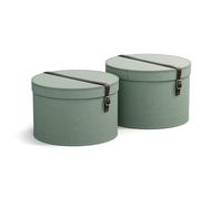 Bigso Box of Sweden Set de 2 Boîtes à Rangement Avec Couvercle - Boîtes Rondes Avec Lanières en Cuir - Petite et Grande Boîtes à Chapeau en Panneau de Fibres et Papier Effet Lin - Vert Menthe