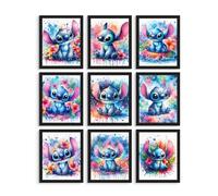 BigWig Prints Lot de 9 affiches Stitch - Décoration murale Lilo et Stitch - Impressions d'art aquarelle pour chambre d'enfant, fille et garçon, sans cadre (20,3 x 25,4 cm)