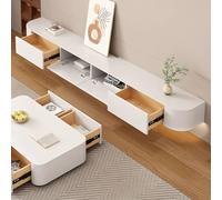 BIGYOUZI Bois Massif Meuble TV Suspendu Flottant avec Rangement Amélioré avec Lum LED-Blanc-160CM