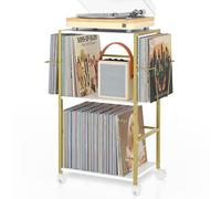 Bikoney Support Platine Vinyle avec Présentoirs, Meuble Tourne-Disque pour 150 Disques, Rangement Vinyle et Table d’Appoint - Support Vinyles avec 2 Affichages pour Salon ou Chambre - Doré