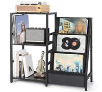 Bikoney Table d’Appoint pour Platine Vinyle avec Rangement à 3 Niveaux, Meuble Design pour Disques et Albums, Support de Tourne-Disque jusqu’à 200 LP, Idéal pour le Salon - Noir