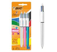 Bille Rétractables Pointe BIC 4 Couleurs Shine StylosMoyenne (1,0 mm) - Couleurs aléatoire (Argent/Bleu/Rose/Violet) Métallisés, Blister Format Spécial de 3