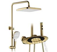 Billg Colonne de Douche Or Thermostatique, 4 Fonction Mural Système de Douche avec Mitigeur Set Douche Réglable Hauteur, 320x220mm Pommeau Douche, Bec Baignoire Cascade, Pommeau Douche, Douchette WC