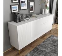 BIM Furniture Ravenna B 3D3S Commode en MDF de qualité supérieure, 200 cm, avec façade fraisée, buffet sur pieds en métal doré, 3 armoires, 3 tiroirs, blanc mat