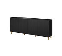 BIM Furniture Commode Pafos 200 cm avec façade fraisée MDF 4 portes Buffet haut Armoire ouverte Buffet noir