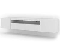 BIM Furniture Meuble TV Aura 200 cm, Blanc Mat Meuble Bas TV Mural ou à Poser sans LED, Rangement Salon, Passe-câbles