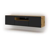 Aura - Armoire basse Hi-Fi pour TV - 150 cm - Universelle - À suspendre ou à poser - Avec LED - Chêne artisanale et blanc mat