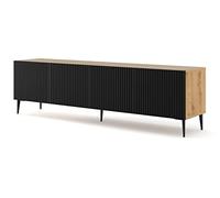 BIM Furniture Meuble TV bas 200 cm - Buffet avec façades en MDF fraisé, push-to-open, pieds en métal noir - Meuble TV HiFi pour salon, chêne Artisan et noir mat