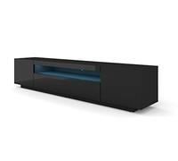 BIM Furniture Meuble TV Suspendu ou à Poser, Banc TV Design Moderne pour Salon, Rangement Multimédia, Passe-Câbles, Façades MDF Haute Brillance, Aura 200 cm Noir Mat & Noir Brillant avec LED