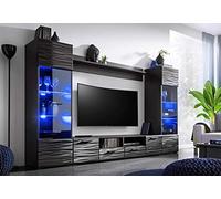 BIM Furniture MODIC Meuble Mural 260 cm Ensemble de Salon Vitrine Meuble Bas Noir Haut Brillance LED