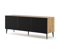 BIM Furniture Ravenna B - Meuble TV - 150 cm - 3D avec façade fraisée - Pieds en métal MDF de qualité supérieure - Buffet - Commode (chêne artisan/noir mat, pieds noirs)