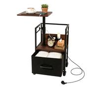 Bingyouth Table de Chevet Connectée à roulettes avec Plateau Pivotant 360° Hauteur Réglable 64-80 cm Prises Intégrées 2AC 220V 2USB 5V 2,1A Grand Rangement Colonne Renforcée Finition Noyer Chaud