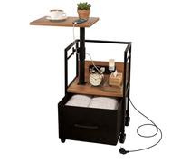 Bingyouth Table de Chevet Connectée à roulettes en Bois Massif avec Plateau Plat Pivotant 360° Hauteur Réglable 64-80 cm Prises Intégrées 2AC 220V 2USB 5V 2,1A Grand Rangement Colonne Renforcée