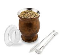binsakao Yerba Mate Ensemble de tasses à double paroi en acier inoxydable avec paille Bombilla Yerba Mate, brosse de nettoyage et couvercle, 240 ml (bois)