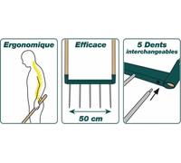 LEBORGNE - Biogrif NaturOvert, Grelinette Non Assemblée, 5 Dents Interchangeables - Boîte Carton - Double Manche Long en Bois PEFC 100% - Outillage de Jardinage - Fabrication Française