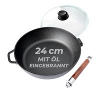 BIOL Poêle en fonte 24 cm avec couvercle en verre - poêle induction sans revêtement, manche en bois amovible, idéale pour saisir, rôtir et mijoter