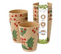 BIOZOYG 500 gobelets cannelés de 300 ml 'Branches' d'hiver pour café à emporter biodégradables à usage unique. Gobelets cannelés en carton compostable non blanchi pour le vin chaud.