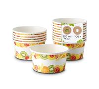 BIOZOYG gobelets à glace en carton, 100 pièces, 150 ml, Ø 92 mm, imprimés - gobelets à dessert revêtus jetables - gobelets snack à emporter pour dessert, glacier, glace, yaourt, fruits, gaufres