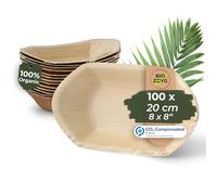 BIOZOYG Palmware - Bol à feuilles de palmier I Vaisselle jetable biodégradable et compostable I Bols jetables servant, bol creux et bol snack I 100 pièces à forme de bateau de fête 30 cm