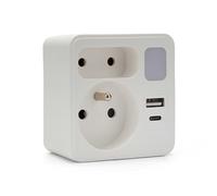 Biplite frontale 2 prises 16A + 6A norme française avec 1 prise USB-A et 1 prise USB-C. Avec veilleuse. Multiprise 5 en 1 idéale pour brancher votre téléphone, tablette…
