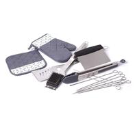 BIRAMBEAU, KIT Barbecue : 8 brochettes INOX 25cm + Brosse et grattoir + Pelle XL INOX + Gant Coton+ manique Coton + Pince BBQ Silicone + Coupe légumes plancha