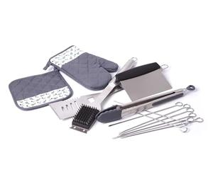 BIRAMBEAU, KIT Barbecue : 8 brochettes INOX 25cm + Brosse et grattoir + Pelle XL INOX + Gant Coton+ manique Coton + Pince BBQ Silicone + Coupe légumes plancha