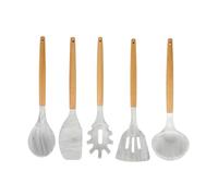 BIRAMBEAU, lot de 5 Ustensiles de Cuisine manche en bois et tête en silicone effet marbre (Cuillère, Spatule, Louche, maryse, cuillère à spaghetti
