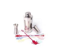 BIRAMBEAU, Set de Cocktail en Acier Inoxydable, Shaker 750ml avec Jigger Double et 6 agitateurs Couleurs, Décoratifs Forme Ananas en Plastique.