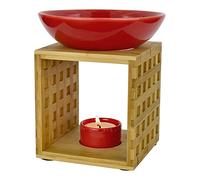 Bitto Lampe à parfum Riga rouge cheminée avec bougie, Diffuseur Brûle Parfum, grand bol, commerce équitable, lampe aromatique en bambou et céramique