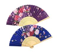 BIUDECO Éventails Pliants en Tissu de Soie Pourpre Vintage Floral Élégant, Lot de 2pcs, Ventilateurs Portables et Rafraîchissants pour Danse et Performance