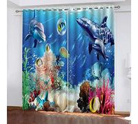 BIURKA Lot De 2 Rideau Chambre Enfant Garcon Fille 3D Impression Dauphin Animal Marin Motif Rideaux Occultants Thermiques Isolants À Oeillets Décoration De Fenêtre pour Salon L 60 X H 150 cm