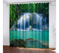 BIURKA Rideau Phonique Anti Bruit Fenetre 3D Cascade De La Forêt Verte Motif 150X160cm(Lxh) 2 Panneaux Rideau De Fenêtre Phonique en Polyester pour Chambre d'enfant Cuisine Salon Opaque Décoration