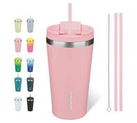BJPKPK Acier Inoxydable Tasse Isotherme avec Poignée et Paille Voyage Café, 530 ml Réutilisable Tasses Isotherme, Rose Clair