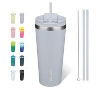 BJPKPK Acier Inoxydable Tasse Isotherme avec Poignée et Paille Voyage Café, 650 ml Réutilisable Tasses Isotherme, Gris bleu