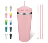 BJPKPK Acier Inoxydable Tasse Isotherme avec Poignée et Paille Voyage Café, 650 ml Réutilisable Tasses Isotherme, Rose Clair