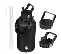 BJPKPK Bouteille Isotherme 1,8 L - Gourde en Acier Inoxydable à Double Paroi avec 3 Couvercles (Dont un à Paille) et Poignée en Paracorde - Idéale pour le Sport, l'École et le Voyage - Noir