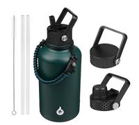 BJPKPK Bouteille Isotherme 1,8 L - Gourde en Acier Inoxydable à Double Paroi avec 3 Couvercles (Dont un à Paille) et Poignée en Paracorde - Idéale pour le Sport, l'École et le Voyage - Vert Militaire