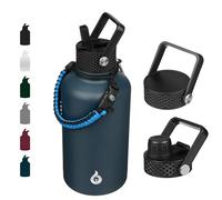 BJPKPK Bouteille Isotherme 1,8 L - Gourde en Acier Inoxydable à Double Paroi avec 3 Couvercles (Dont un à Paille) et Poignée en Paracorde - Idéale pour le Sport, l'École et le Voyage - Bleu Marine