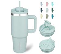 BJPKPK Gobelet isotherme de 900 ml avec poignée et paille en acier inoxydable, bleu brume