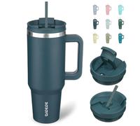 BJPKPK Gobelet isotherme en acier inoxydable de 600 ml avec poignée et couvercle à paille, tasse à café de voyage, bleu marine